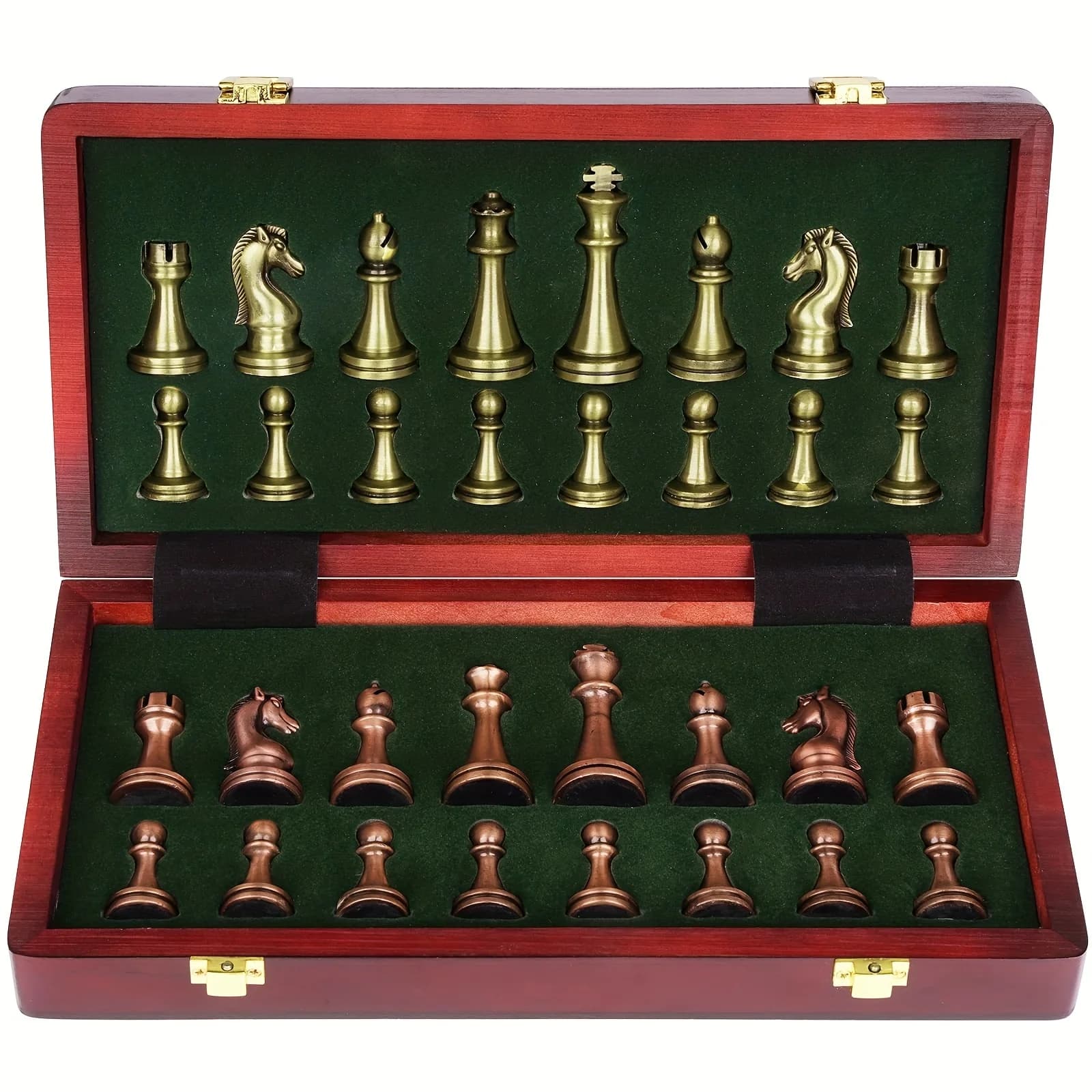 Scacchi Deluxe in metallo di grandi dimensioni scacchi in lega placcati in rame retrò Set da tavolo per adulti Set di scacchi pieghevoli con scatola di legno portatile