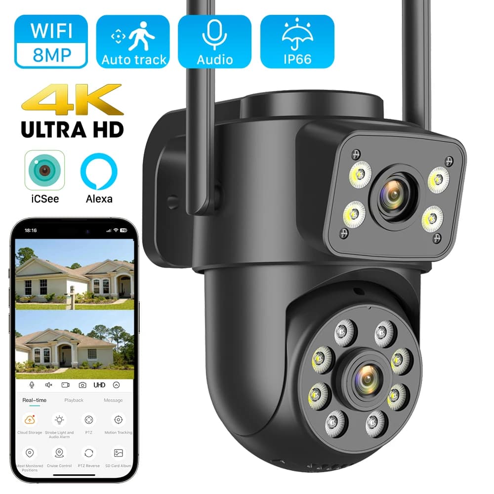 ANBIUX 4K 8MP WiFi 4MP 4X Zoom Digital PTZ IP Double Lens AI Human Detection External Security Camera App ICSEE