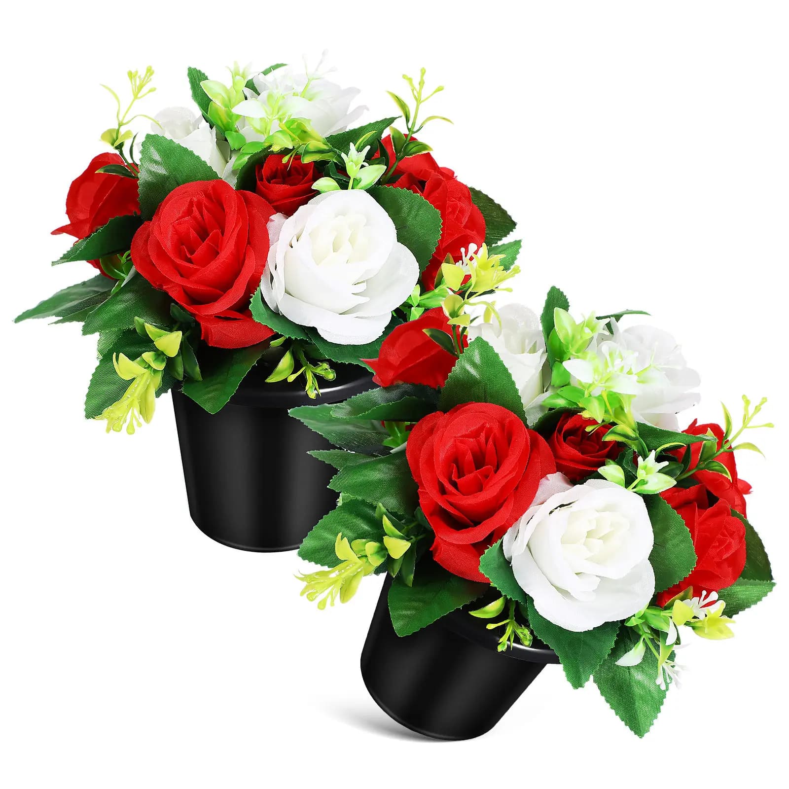 2Pcs Fake Plants for Outside Small Bucket Cemetery Flowers Artificial Grave Decorations Memorial Bouquet for Outdoor Grave