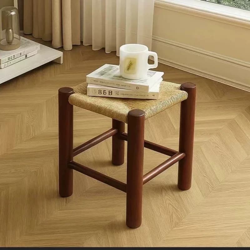 Sgabello in Rattan Intrecciato, Sgabello per Cambio Scarpe, Arredamento per la Casa, Sgabello Intrecciato in Corda Stile Medievale, Sgabello Basso in Legno Massello per la Casa