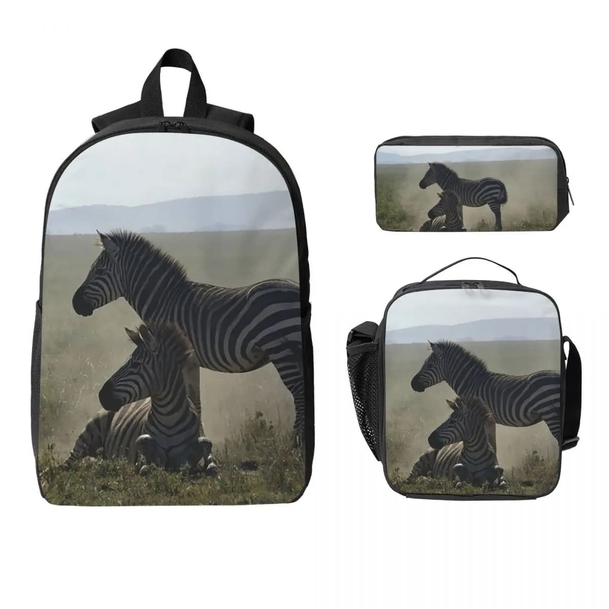 Zebras At Play Zaino per studenti Borsa per libri Borsa per la scuola Borse a tracolla per laptop Borsa per il pranzo isolata da 3 pezzi Astuccio per matite