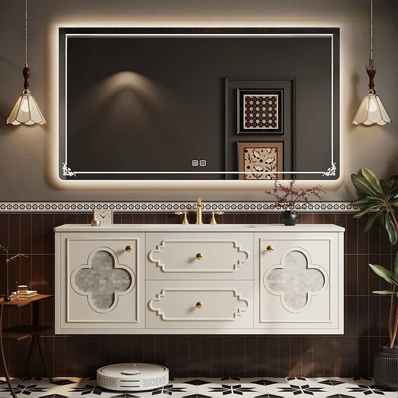 Mobile Bagno in Rovere con Luci LED, Armadietto Vintage per Lavabo, Specchio e Cassetti, Armadio per Bagno, Arredamento Bagno