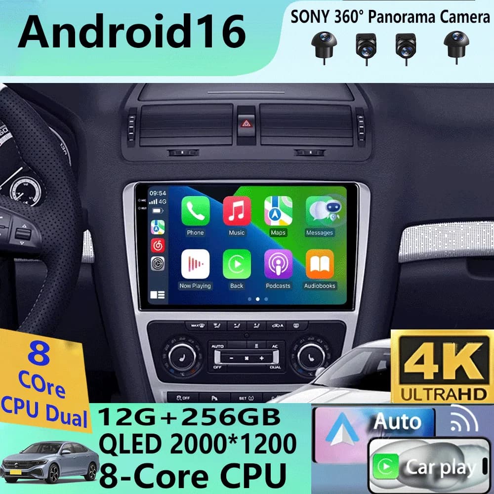 Autoradio Android 16 per Skoda Octavia 2 A5 2008 - 2013, Lettore Multimediale Video, Navigazione GPS, 2 Din, Carplay, Stereo, DVD, Altoparlante