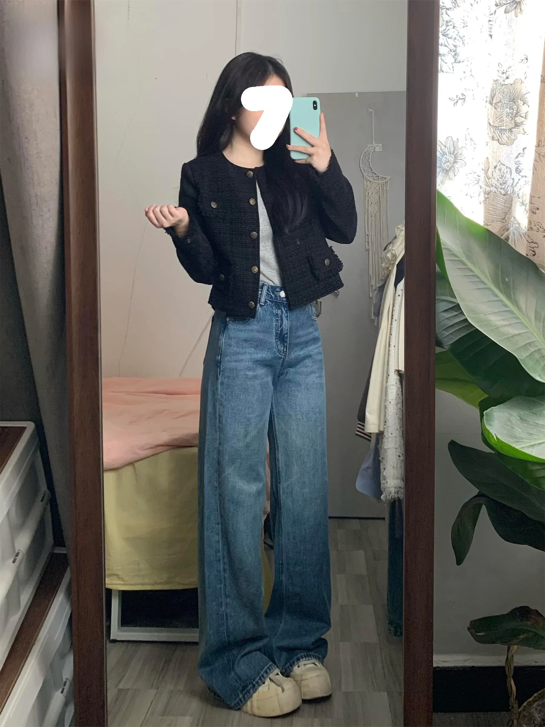 Retro High Waist Slim Wide Leg Jeans Women's Loose Slim Straight Drapey Floor-Length Pants Autumn New Style Casual Denim