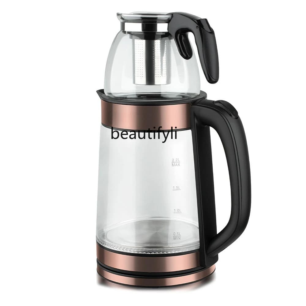 Double layer electric kettle, light blue steam teapot in borosilicate glass, multifunction for health