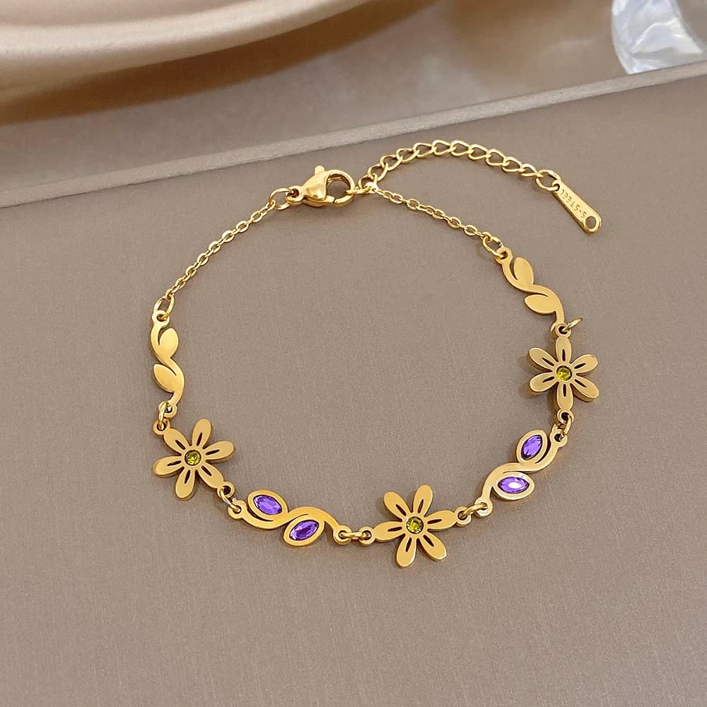 Trendy Gold Color Stainless Steel Bracelet for Women Exquisite Shiny Zircon Flower Leaves Link Chain Bracelets Elegant Jewelry