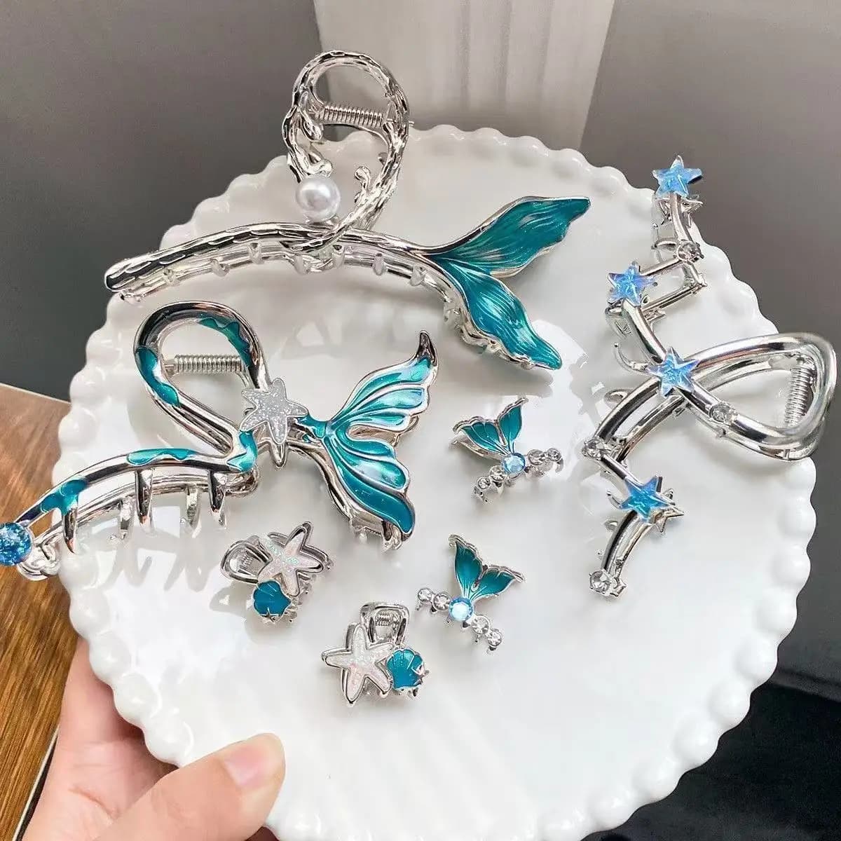 1pc blue fishtail metal grab clip large temperament beautiful starfish hairpin，back of the head shark clip hair ornament