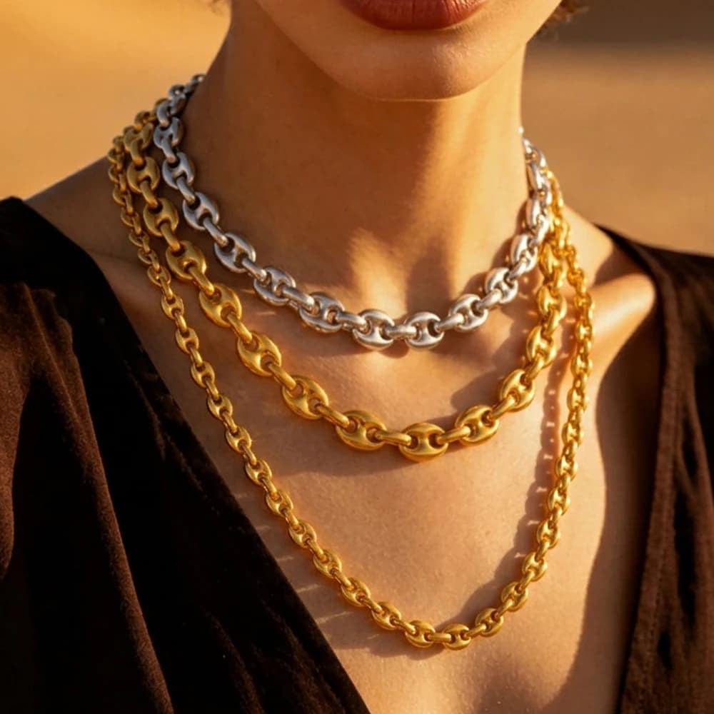 Stainless Steel Necklace Bracelet Women's Coffee Bean Chain Choker Gold Set Hip Hop Punk Style Party Jewelry Gifts