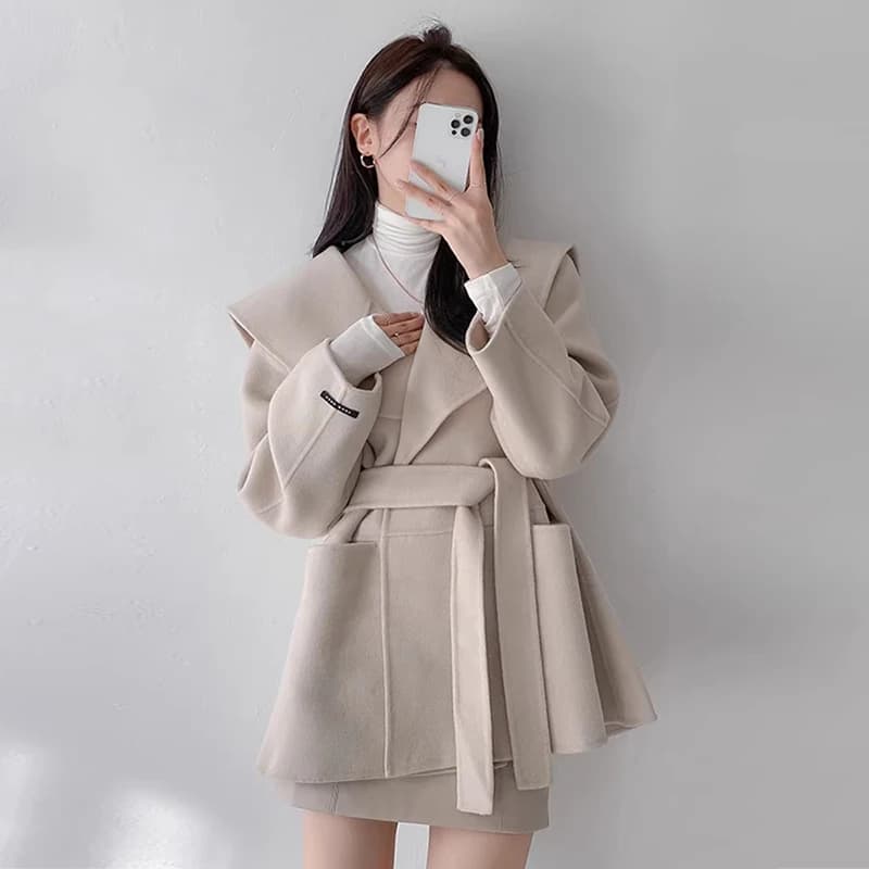 Chic Autumn Winter Navy Collar Belted Waist Cinched Long Sleeve Woolen Coat Women's Fashion Commute Korean Style Pure Color