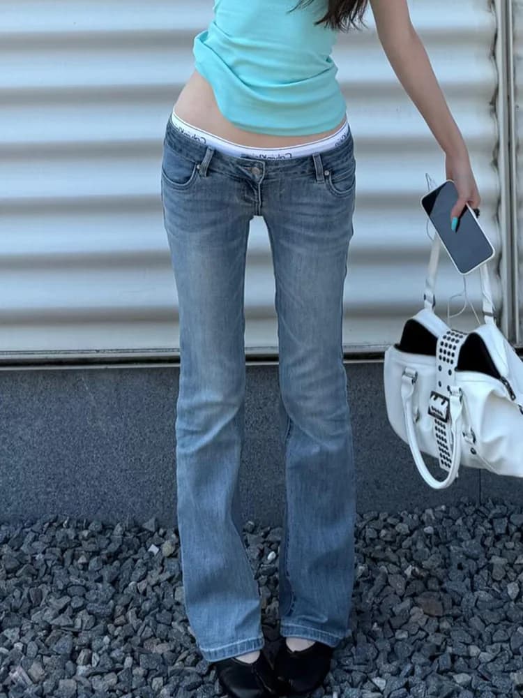 American Retro Washed Slim Fit Low Waist Jeans Sexy Girl Summer Thin Style Bell Bottoms Standard Cut Pure Color Denim Pants