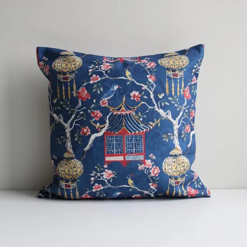 Throw Pillow Cover Navy Chinoiserie : Pagoda & Lantern Cushion Cover
