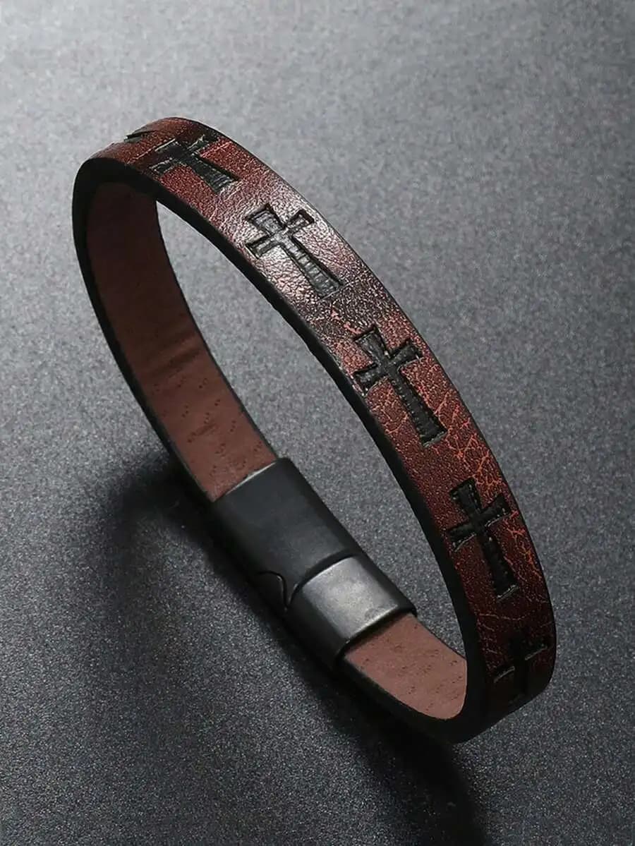 1pc Men's Fashionable Vintage Style PU Leather Cross Magnetic Buckle Woven Leather Bracelet - Stylish Accessory Gift For Father'