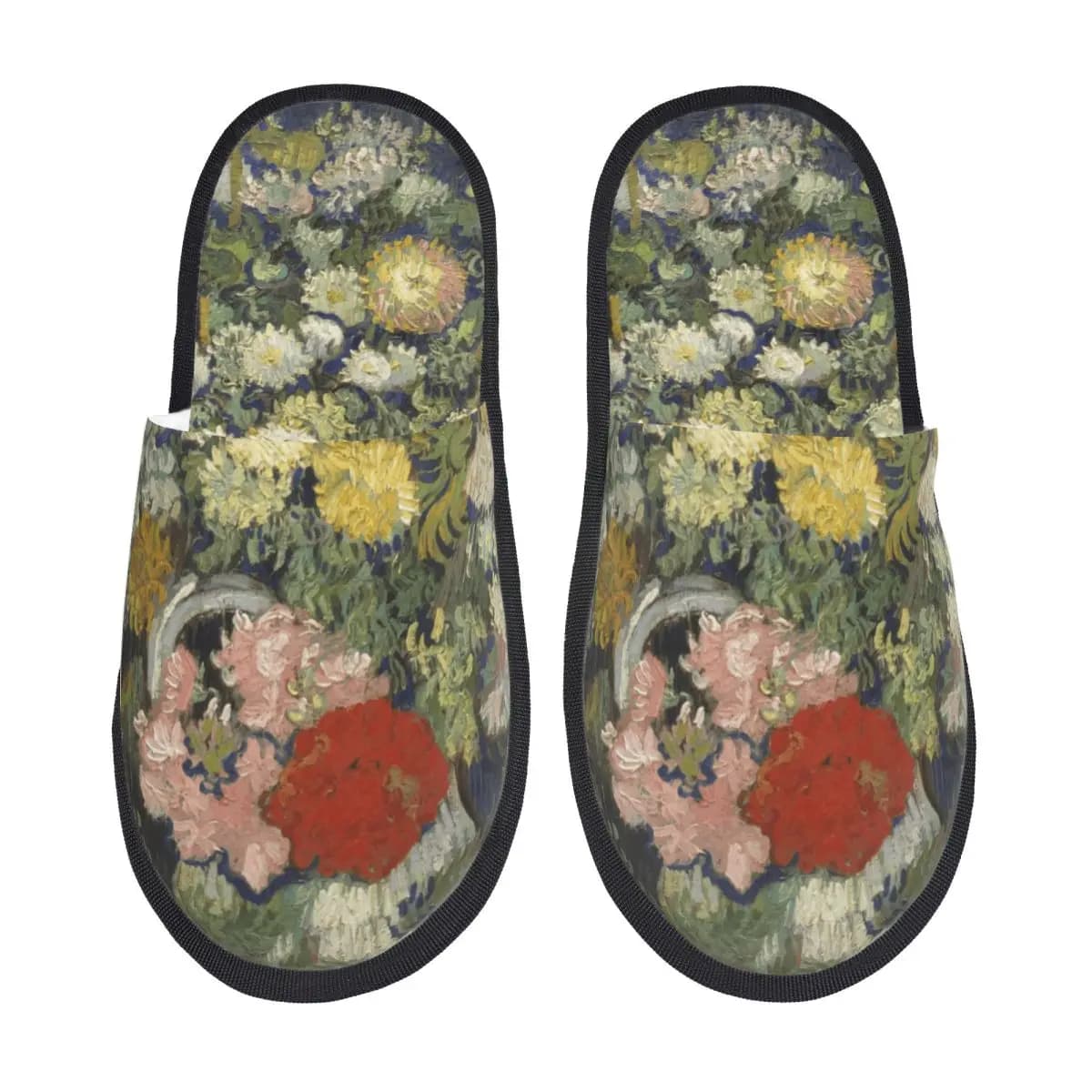 Pantofole da casa con bouquet di fiori in un vaso, comode pantofole da donna in memory foam, dipinto di Vincent Van Gogh, pantofole da camera da letto