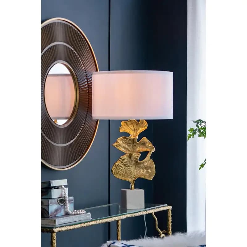 D17x30.2 Golden ginkgo leaf table lamp with marble base and white lampshade, required assembly, elegant design for home decor,