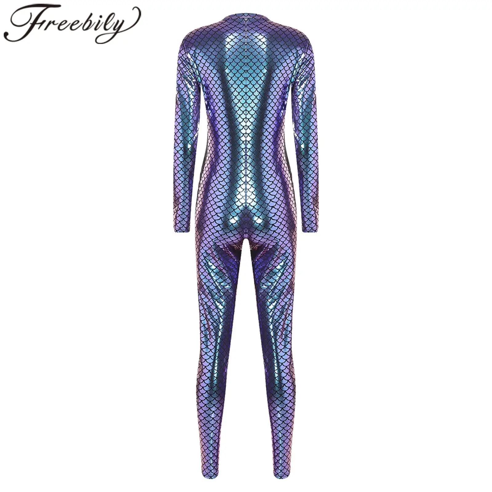 Tuta Intera Metallizzata Lucida con Stampa a Squame di Sirena per Donna, Leggings per Mascherata, Body Intero, Costume da Principessa per Cosplay