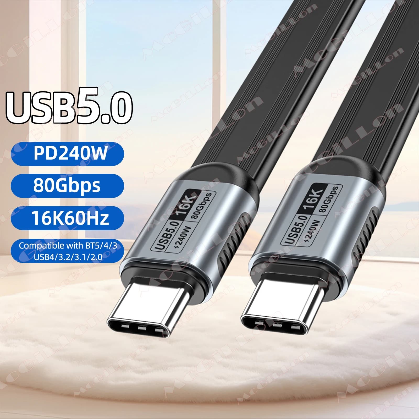Cavo USB-C a USB-C PD240W USB5.0 80Gbps per ThunderBolt 5, Cavo Dati USB-C 16K@60Hz, Cavo Piatto USB-C per iPhone 17 Pro Max MacBook