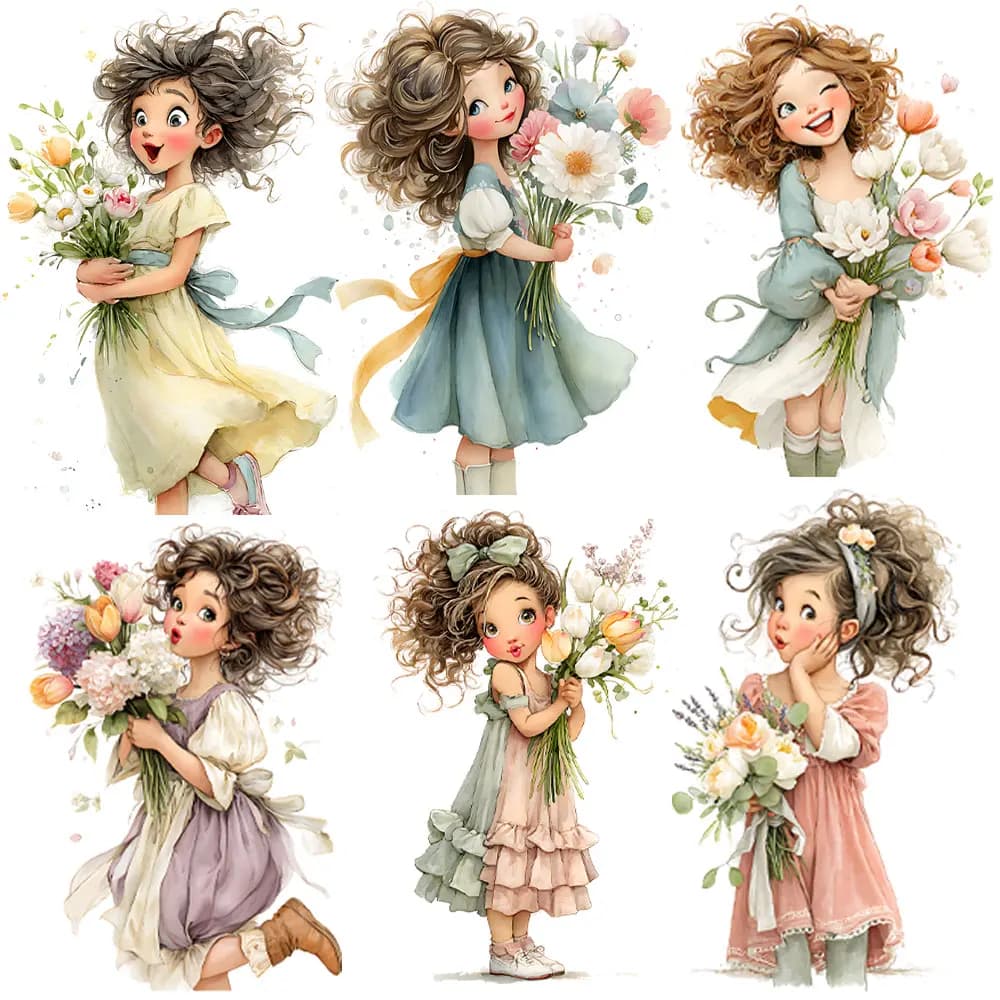 Adesivi termoadesivi a forma di fiore con ragazza dai capelli ricci, stile acquerello, per decorare vestiti, lavabili, di livello A.