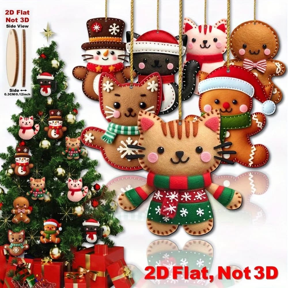 16pcs 2D Flat -Gingerbread Cat Tree Toppers - Christmas Ornaments with Hanging Loop Artificial Wood Holiday Decor for Xmas Tree