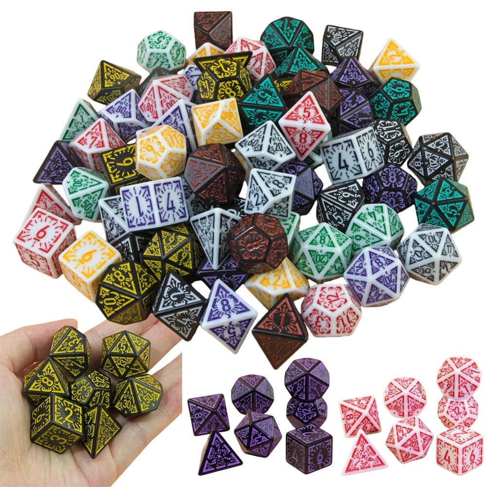 Set di 7 Dadi Poliedrici DND con Incisioni Retrò per Giochi di Ruolo, Giochi da Tavolo e Collezione