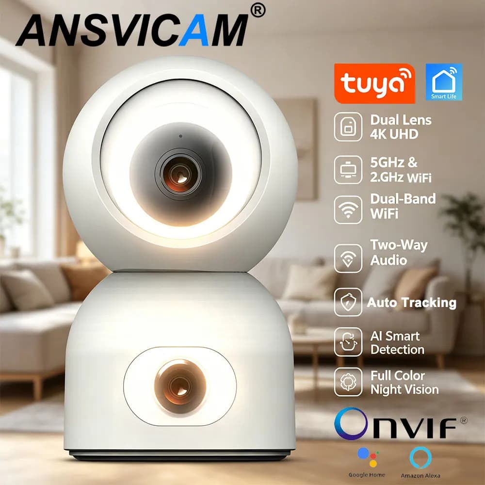 Telecamera IP 4K a Doppio Schermo 8MP 5G WiFi Tuya con Rilevamento Umano AI, Telecamera di Sicurezza PTZ Wireless per Interni con Visione Notturna e Videosorveglianza