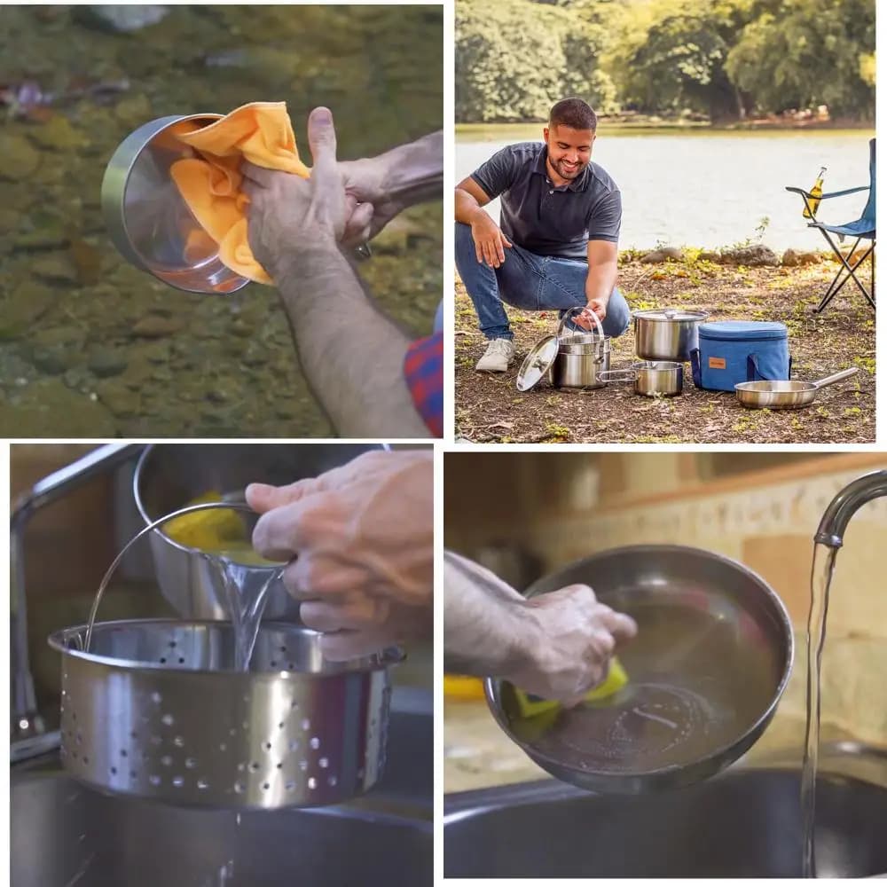 8 Pieces Stainless Steel Camping Kitchen Set with Padella and Vaporiera, Ideal for Open and Travel Cooking