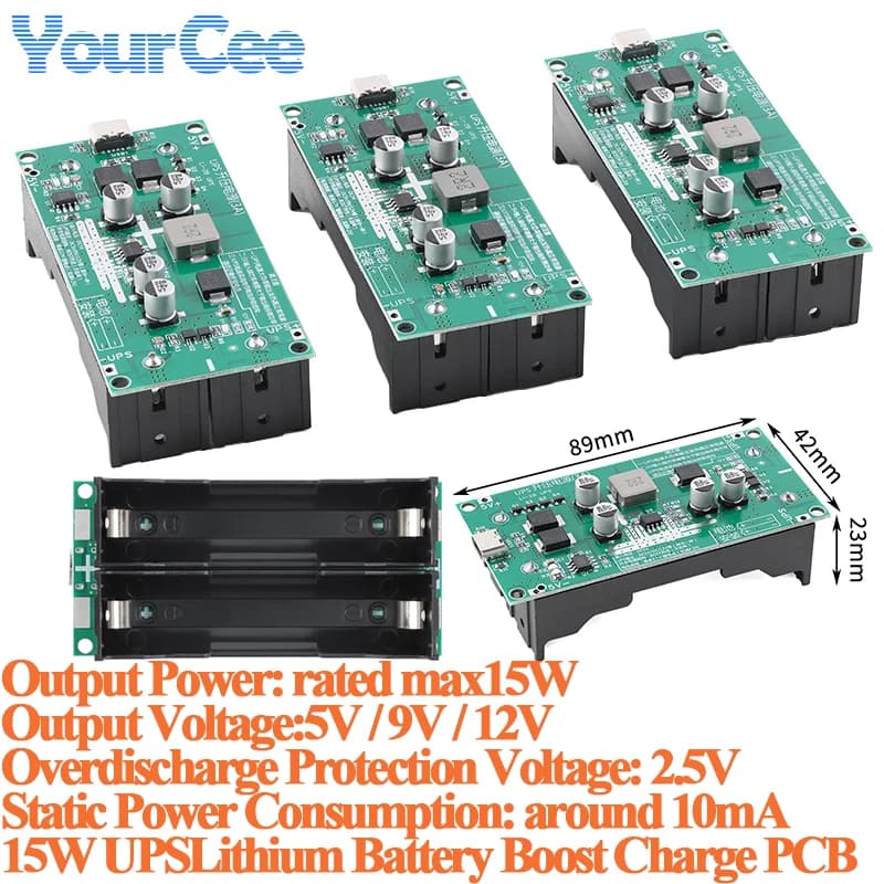15W 3A UPS 18650 Lithium Battery Boost Step Up Charging Board 5V 9V 12V UPS Uninterruptible Power Supply Module While Charging