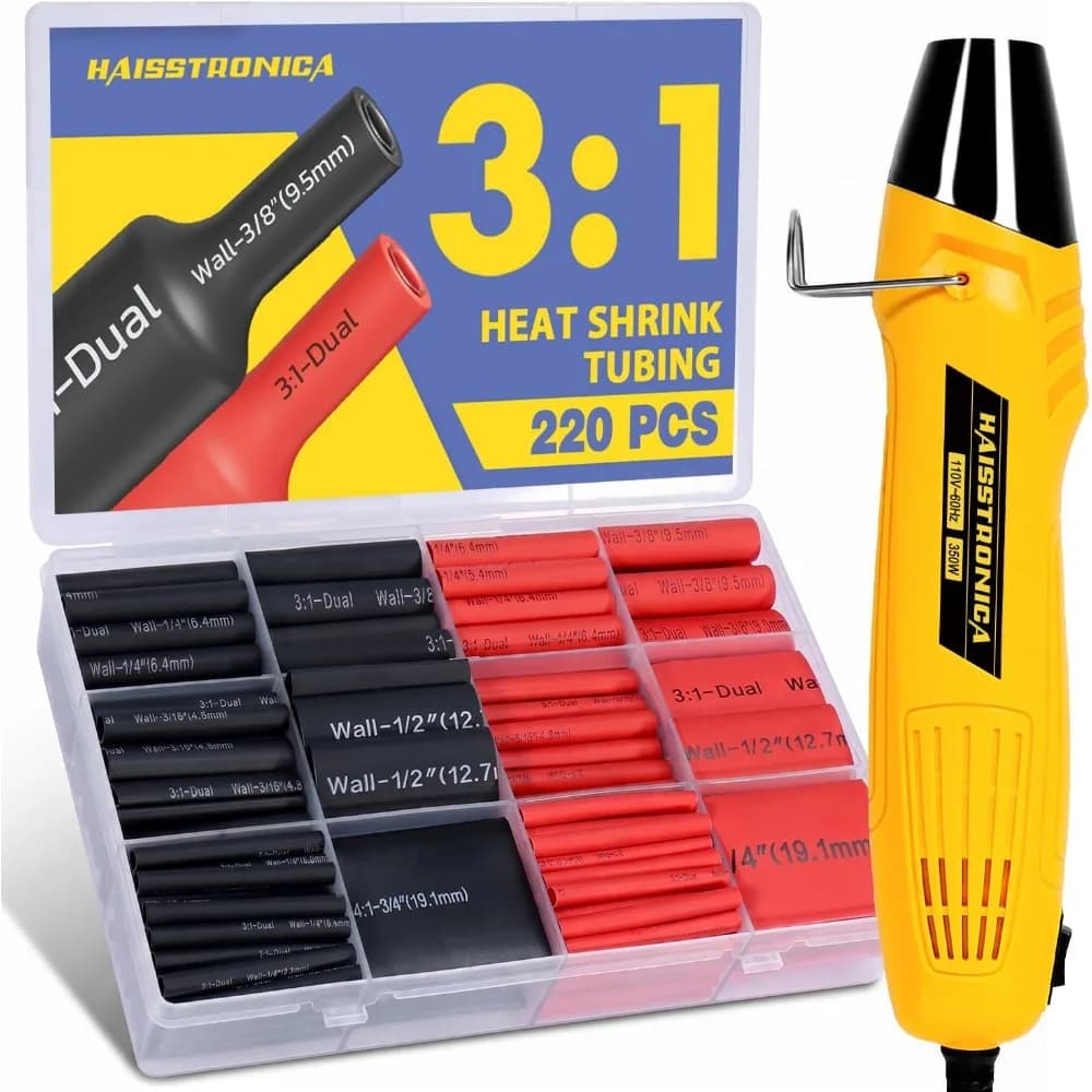 Kit da 220 Pezzi di Tubi Termorestringenti con Adesivo 3:1 e Mini Pistola Termica Impermeabile per Riparazioni di Cablaggi Auto e Nautici