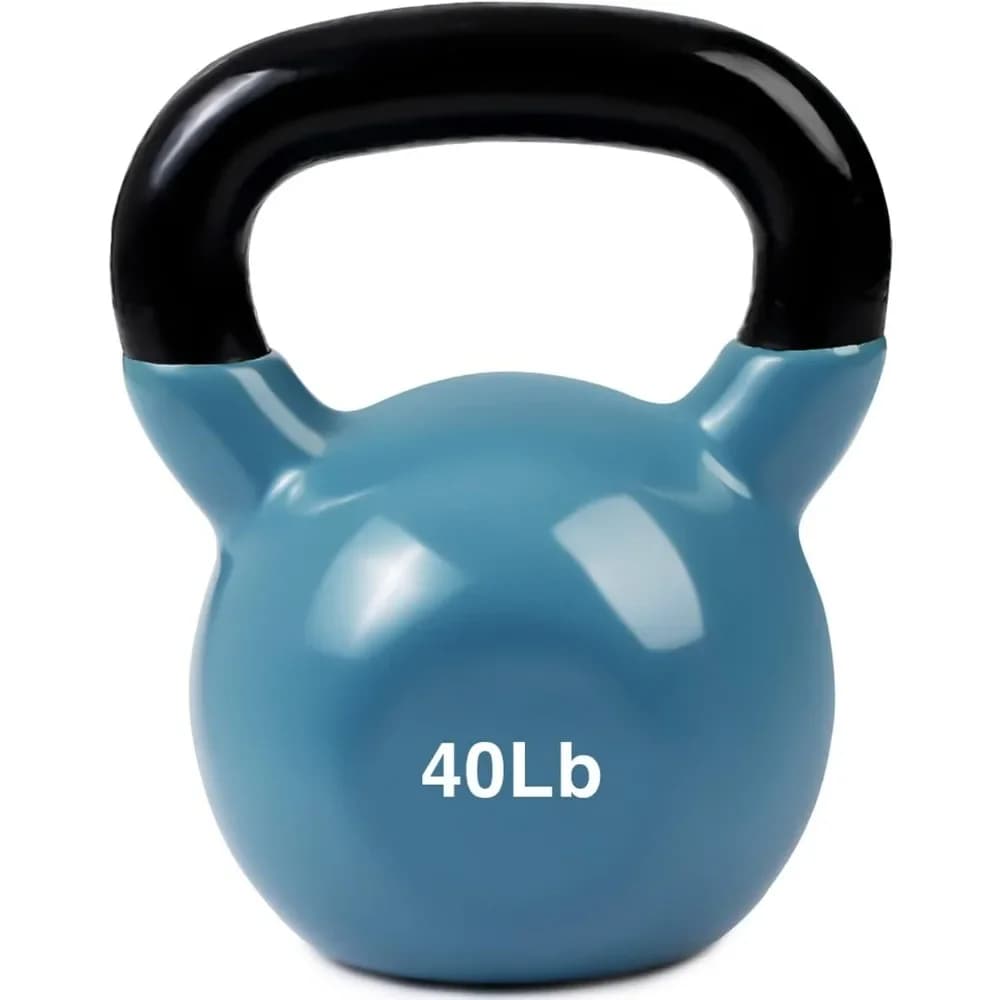 % a Kettlebell weighing iron covered in vinyl - 12 size options, 40 pounds - Covered for floor and equipment protection, noise reduction