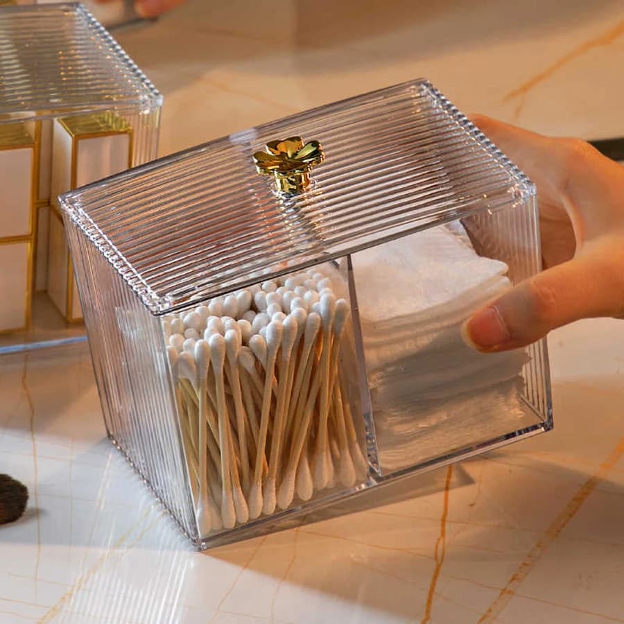 Contenitore Farmaceutico Trasparente a 3 Scomparti con Coperchio - Porta Cotone e Bastoncini per Organizzazione Bagno, Dispenser a 3 Griglie