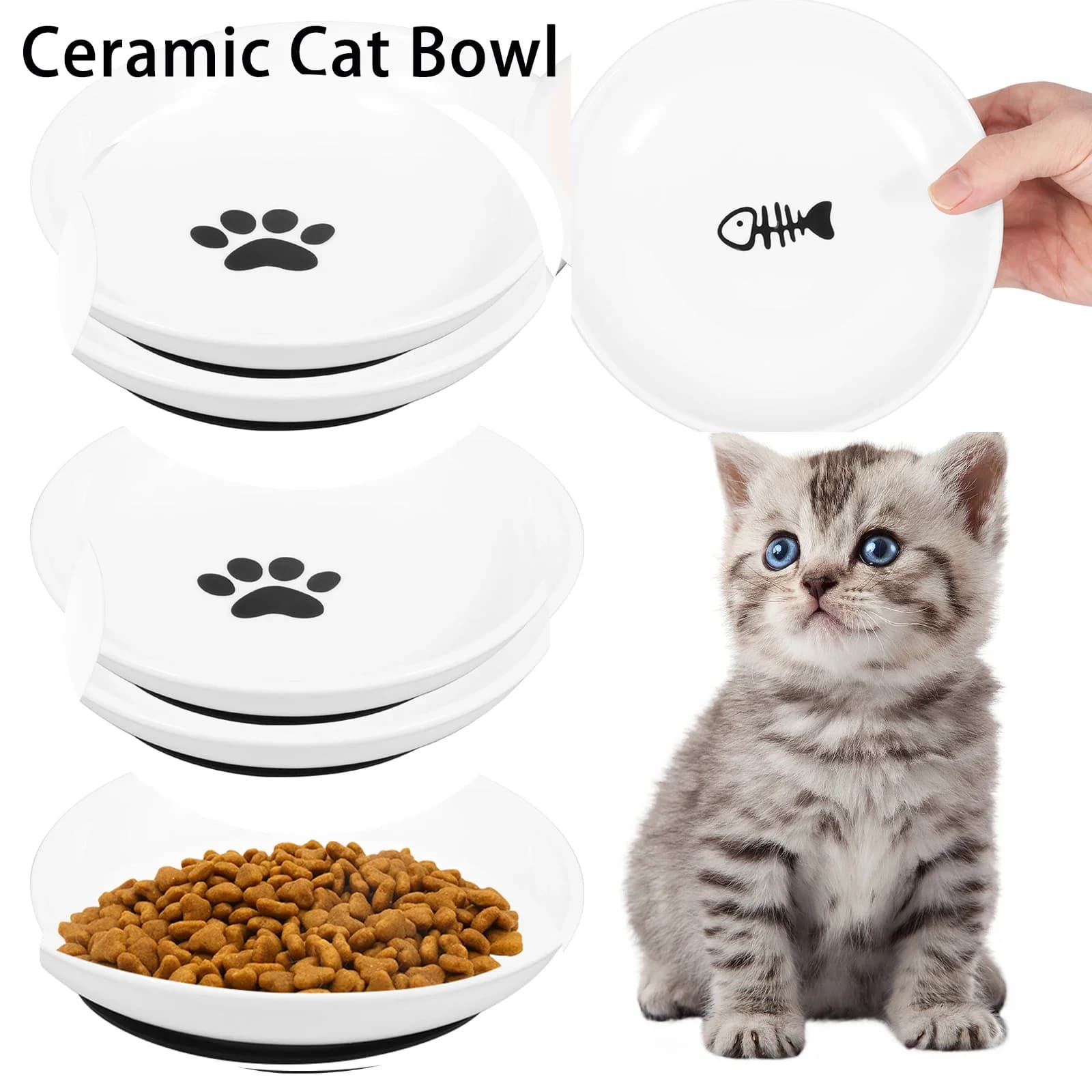 Ciotola per gatti in ceramica da 2/4 pezzi con tappetino in silicone antiscivolo, a forma di osso di pesce e zampa di gatto, per cibo umido e secco, accessori per gatti