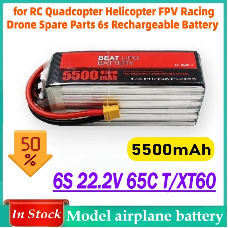 Batteria LiPo 6S 22.2V 5500mAh 65C T/XT60 per RC Quadcopter Elicottero FPV Racing Drone Pezzi di ricambio 6s Batteria ricaricabile