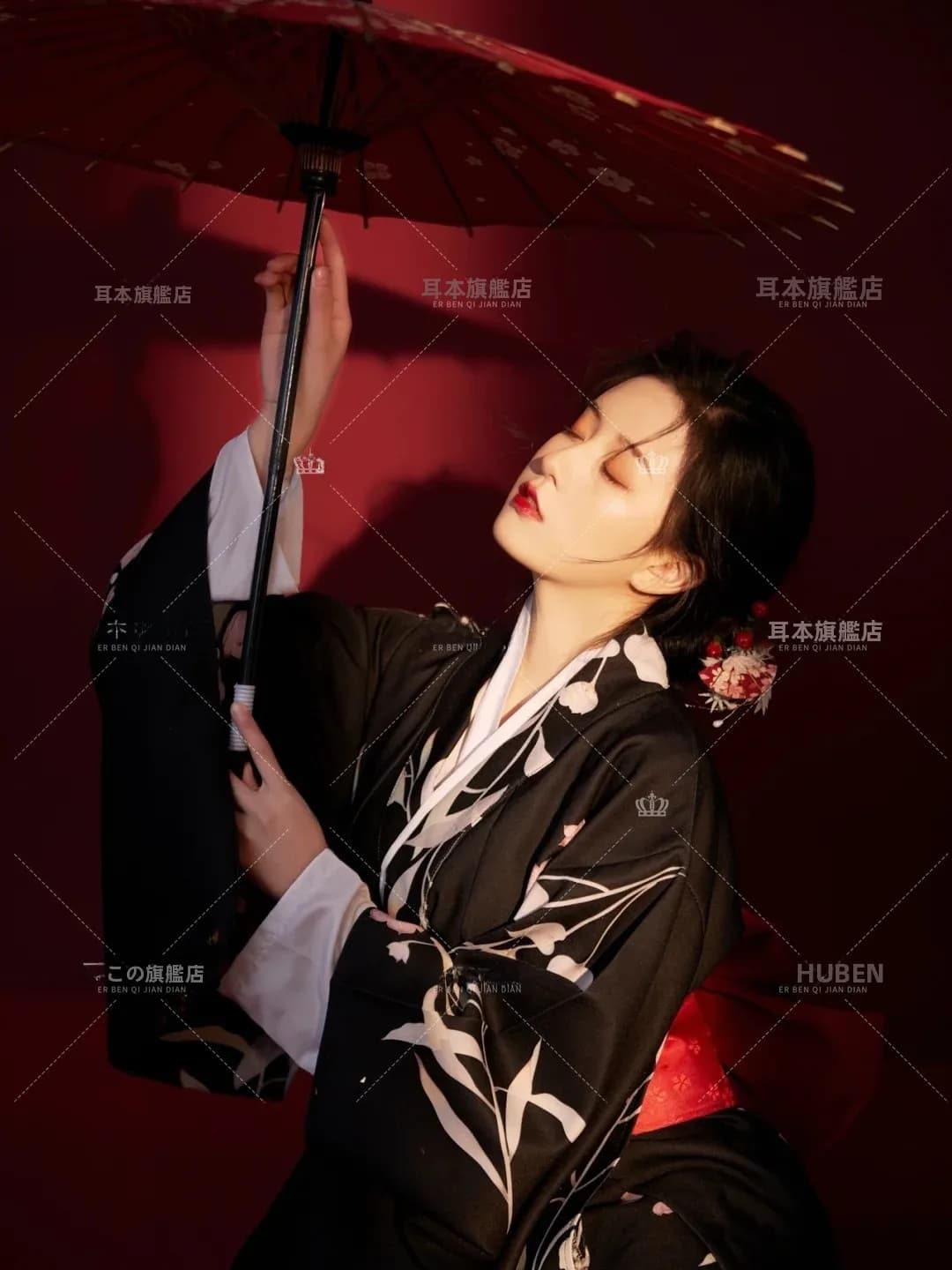 Black Traditional Kimono Bathrobe Photography Costume Japanese Style Dress for Girls Ethnic Fashion Clothing