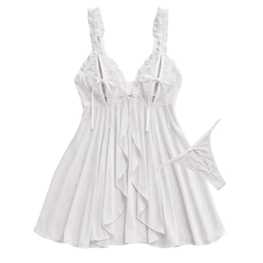 Avidlove Sexy Open Front Lingerie for Women Sheer Mesh Babydoll Dress Ruffle Cut Out Chemise Nightgown with Thong