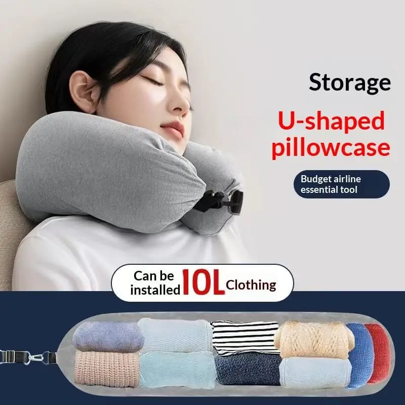 Cuscino da Viaggio a Forma di U con Borsa Portaoggetti Riempibile, Fodera in Pile Cristallino per Viaggi in Aereo e Campeggio