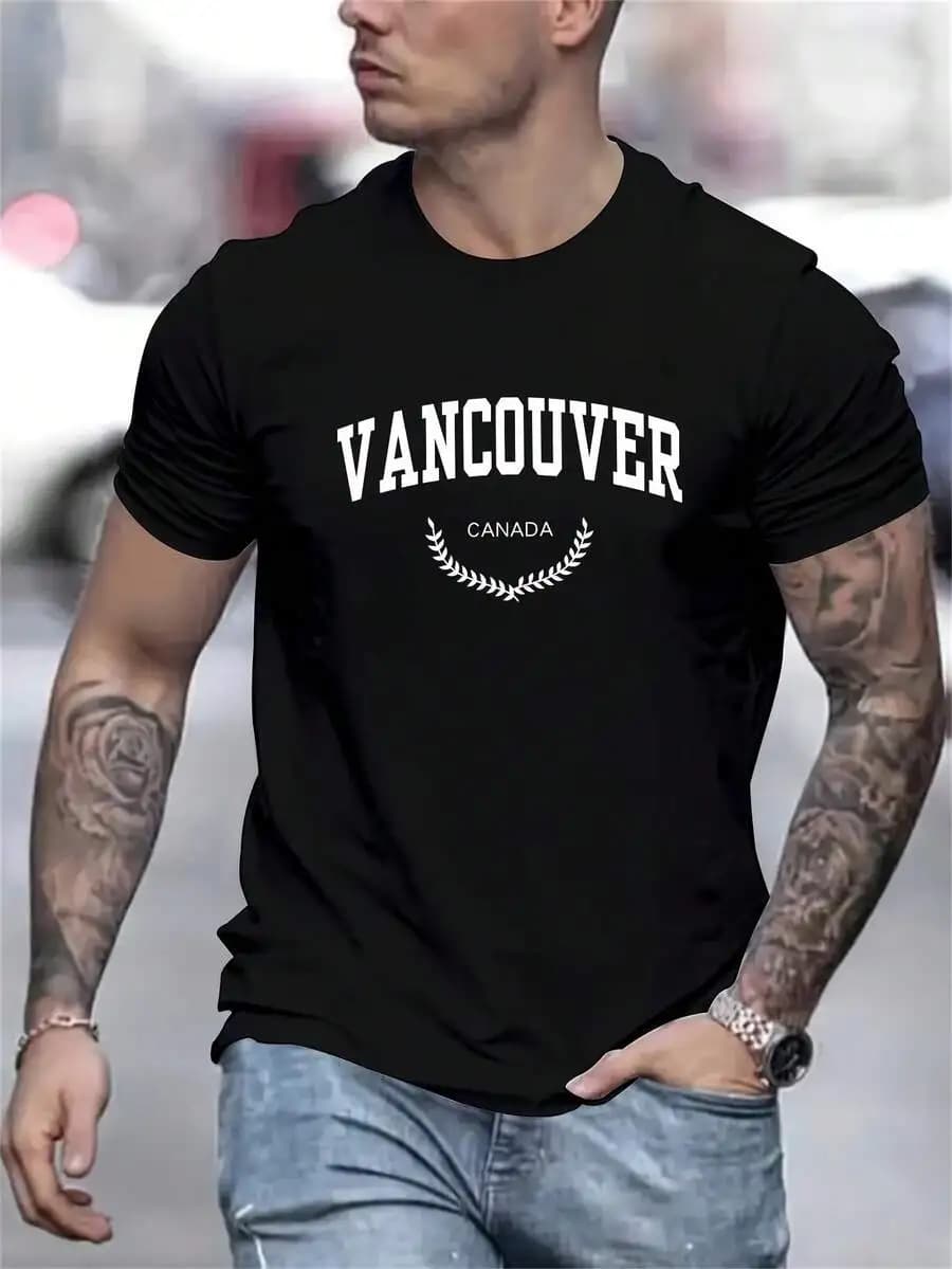 Mens Vancouver Canada Graphic Print Crew Neck T-Shirt Casual Short Sleeve Tee