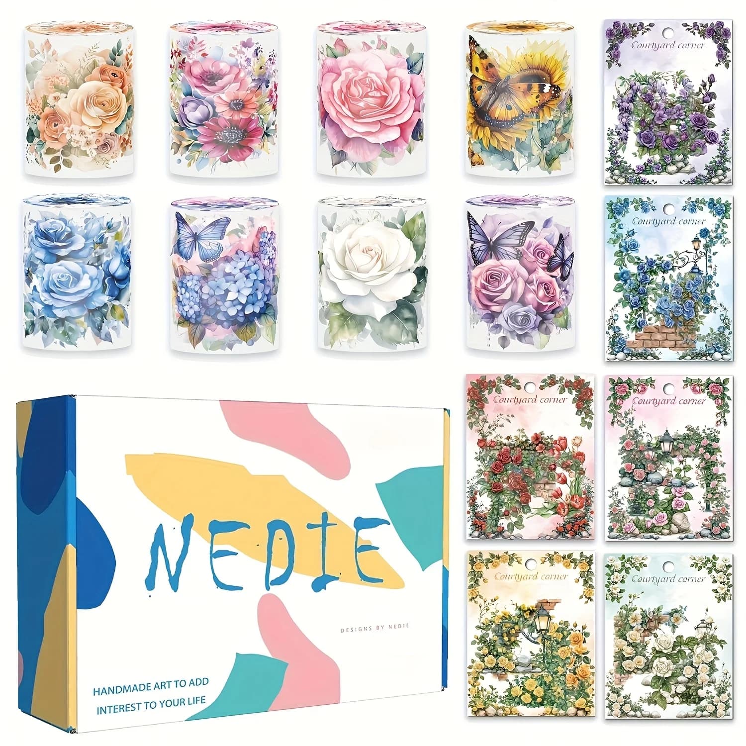 8 Rolls Pre-cut Tape 6 Packs Flower Corner Stickers Flower Sticker DIY Junk Journal Supplies for Diary Handbook Diary Stickers