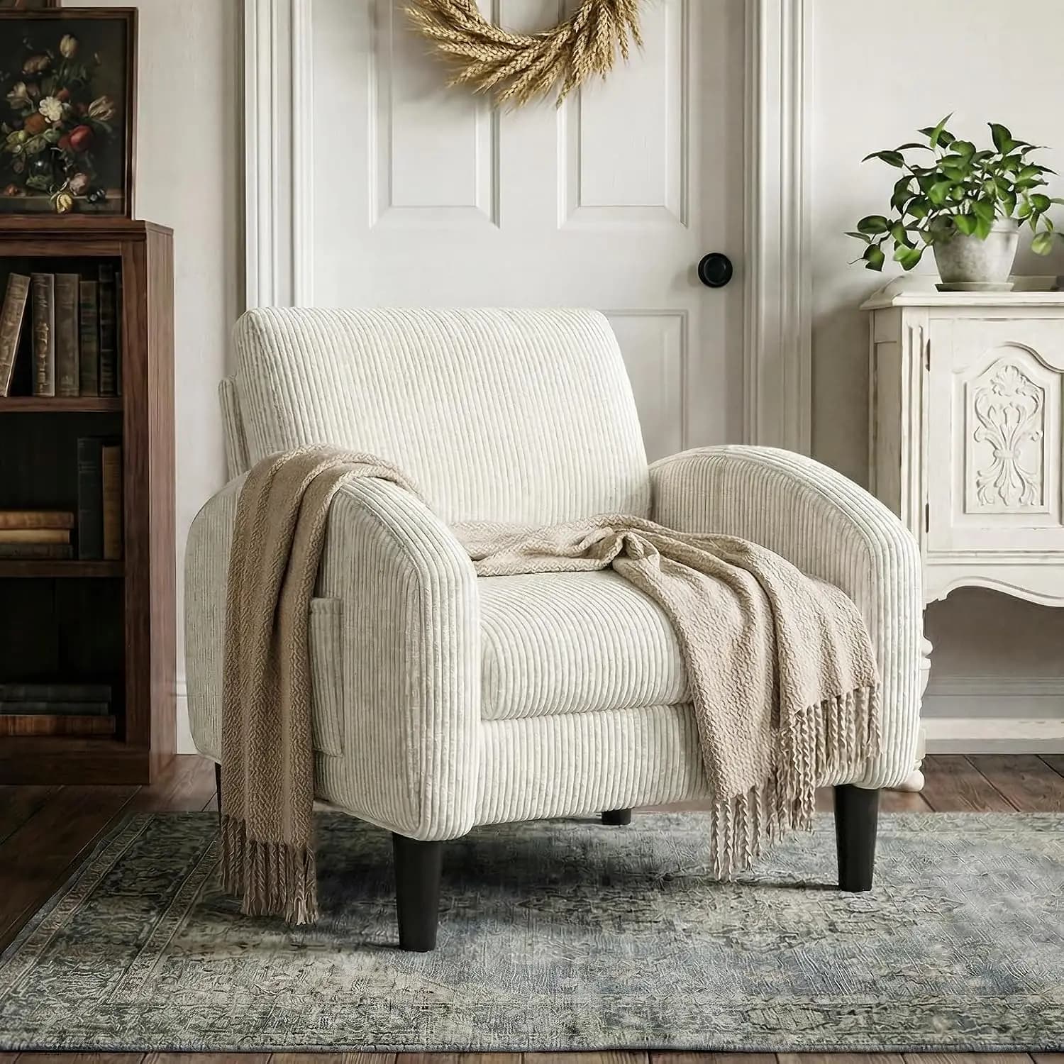 Accent Chair with Side Pockets & Ergonomic Backrest, Beige Corduroy, 6.3" Thick Cushion, Solid Wood Frame, 300 lbs Capacity