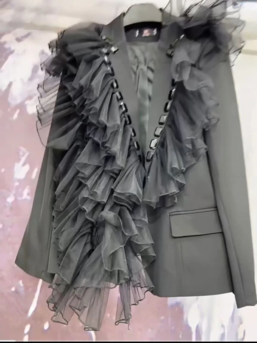 Luxury Mesh Ruffles Edge Diamonds Beaded Suits Jacket OL strass blazer in garza cappotto irregolare Net Yarn Lotus Cardigan Tops