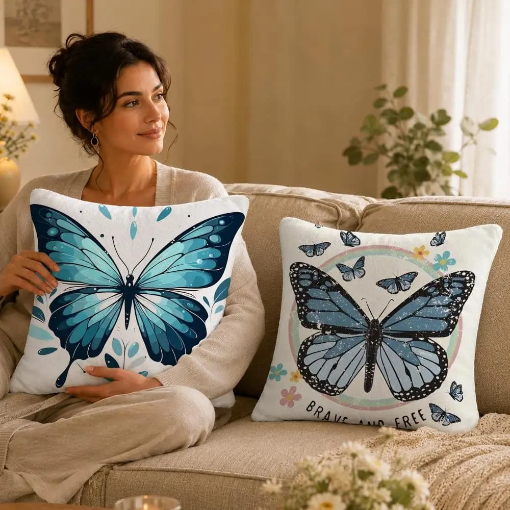 Animal P-Papillon Cushion Cover Soft Plush Pillow Cover Washable Square Cushion Case for Sofa Bed Chair Home