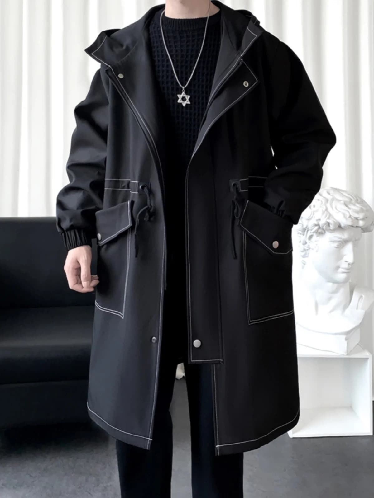 British Style Men's Black Coat Medium Length High End German Barmacken Windbreaker Notch Collar Jacket Autumn Season Youth Fa...