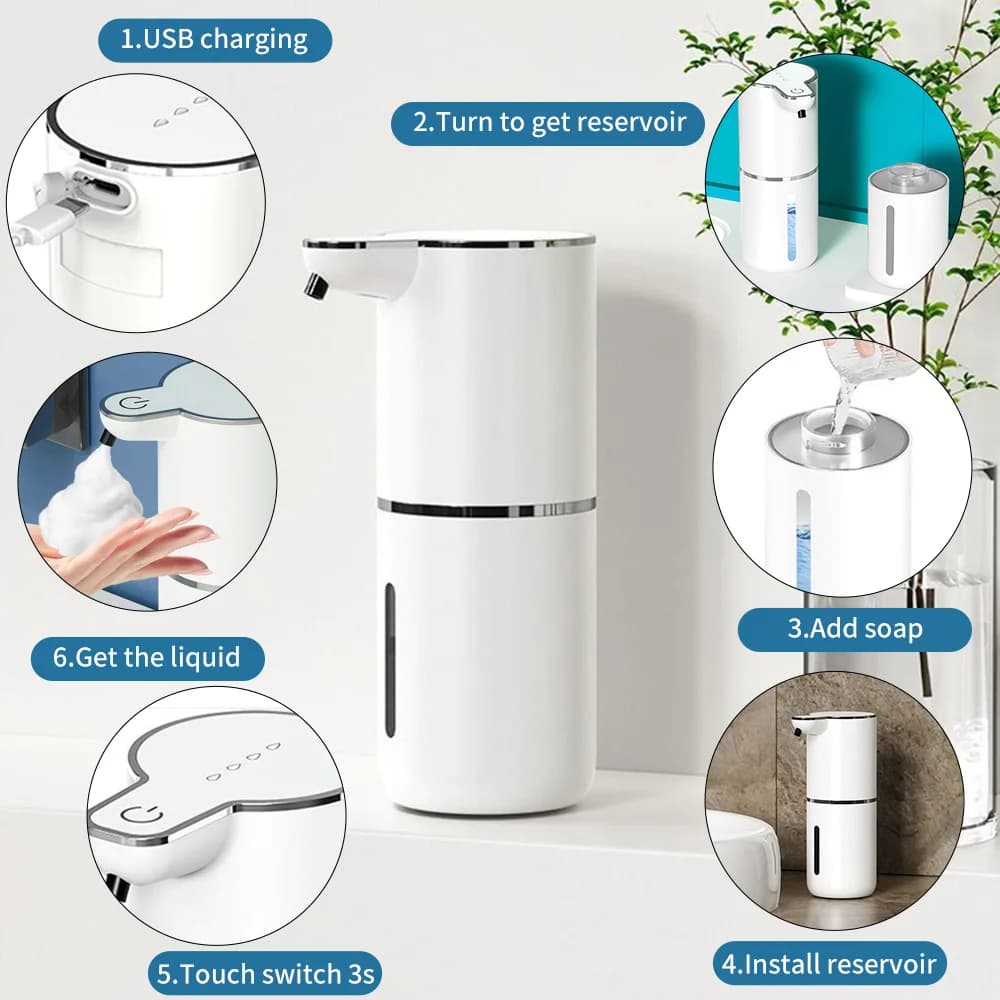 Dispenser automatico di sapone da 350 ml Dispenser di sapone schiumogeno touchless Dispenser di sapone in schiuma regolabile elettrico ricaricabile a 4 livelli USB