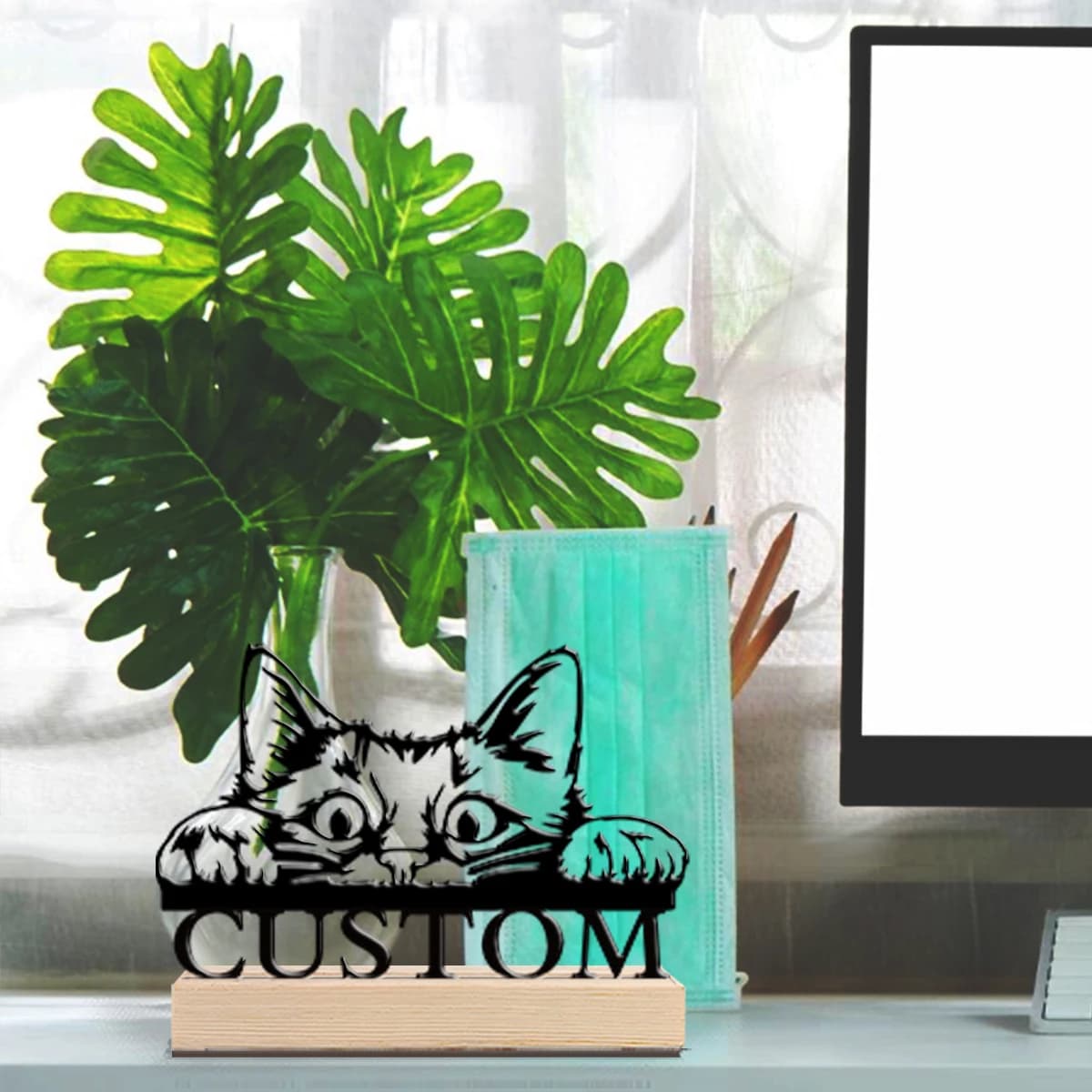 1pc Minimalist cat Custom Name Metal Statue Art Figurine With Wood Base Tin Ornament With Wood Base For Friend Gifts