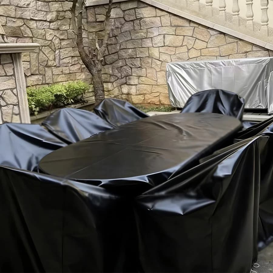 Outdoor furniture benches with integrated dust cover in raincoat PVC fabric and sun resistant