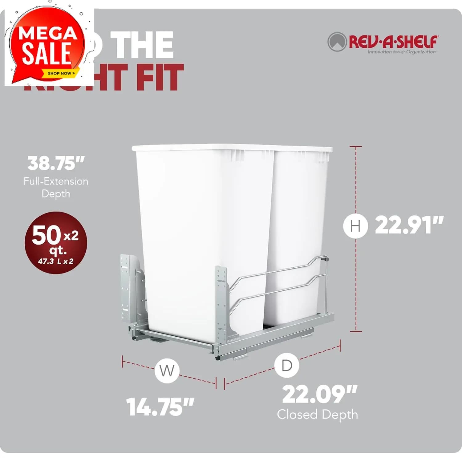 Offerta imperdibile: Pattumiere estraibili doppie per mobili da cucina a tutta altezza, 50 Quart (12,5 Galloni), con guide scorrevoli soft-close, Bianco, 53WC-215