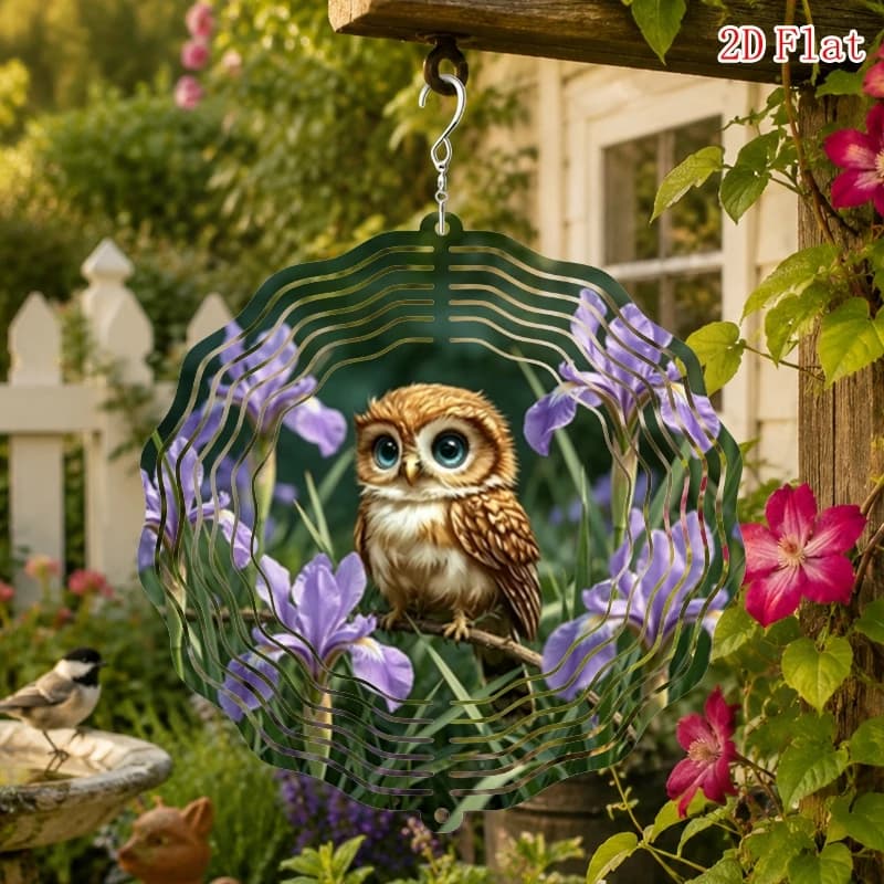2D Flat Design, Iris And Owl, No Electricity Required, with Rotating Hook, 360 Degree Creative Wind Chime, Decoration