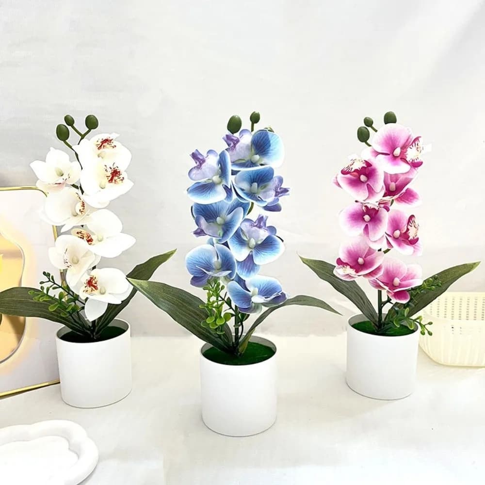 Pink Artificial Orchid Potted Flowers Simulated White Flower Pot Artificial Faux Plants Multi-Bloom Plastic Fake Flower
