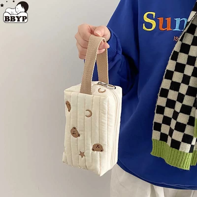 Cartone animato ricamo orso luna borsa per trucco portaoggetti per giocattoli borse cosmetiche portatili cerniera custodia per pennelli in puro cotone 16x10 cm