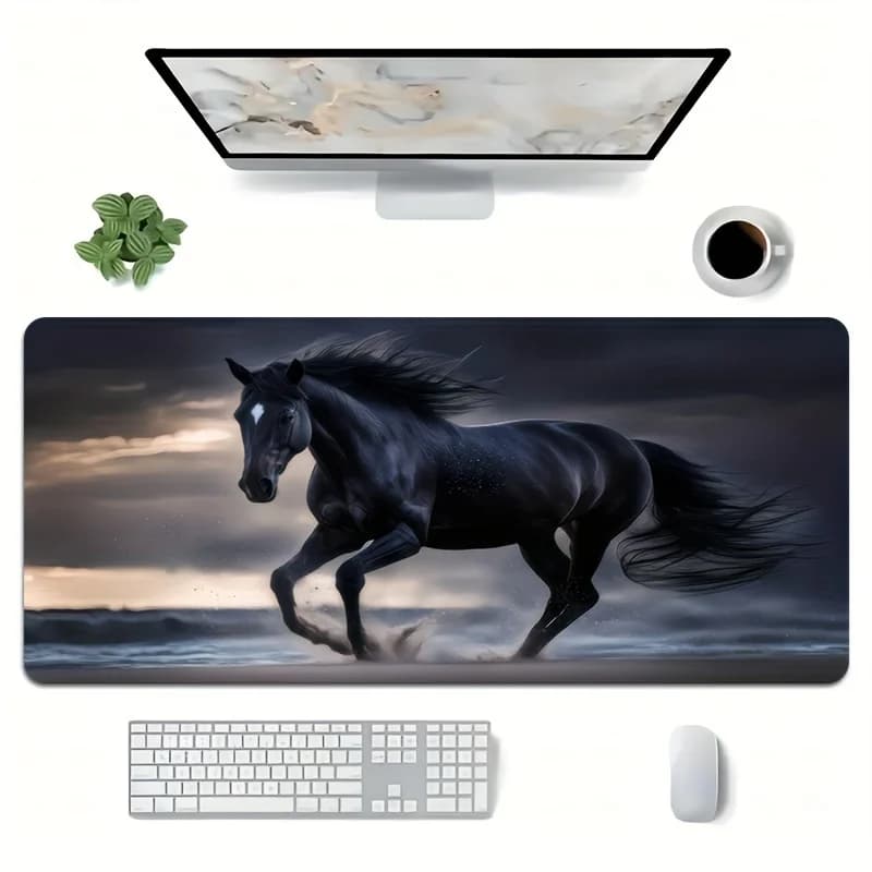Non-Slip Natural Rubber Desk Mat for Keyboard and Mouse Large Running Black Horse Gaming Mouse Pad - HD Print