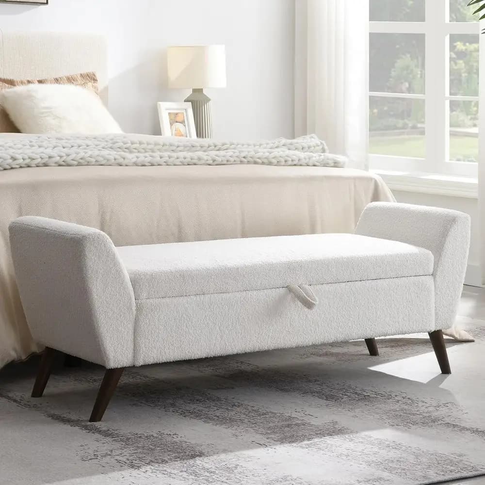Panca contenitore imbottita con gambe in legno Century, mobile versatile per ingresso o soggiorno, comoda seduta imbottita