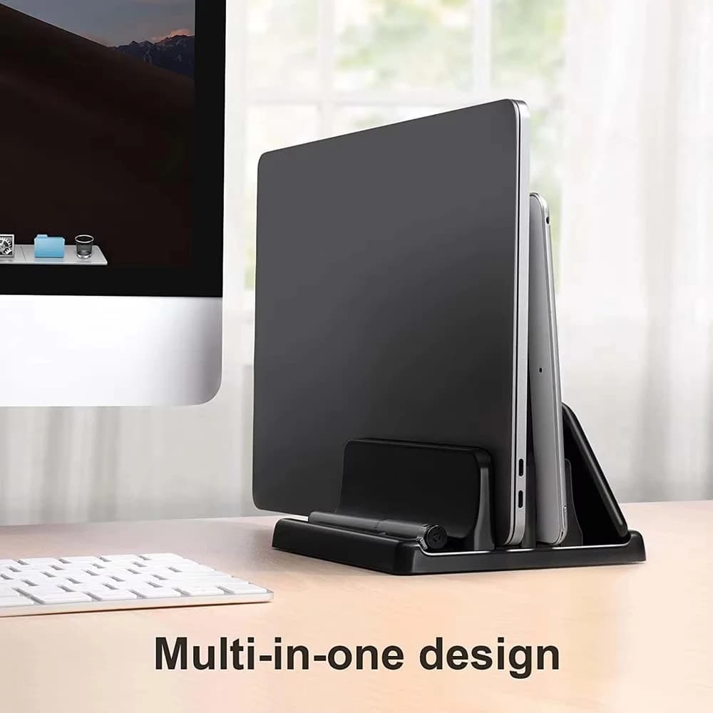 Supporto per laptop da ufficio 4 in 1, verticale, salva spazio sul desktop, facile da posizionare, accessori per computer, larghezza regolabile, portaoggetti da scrivania